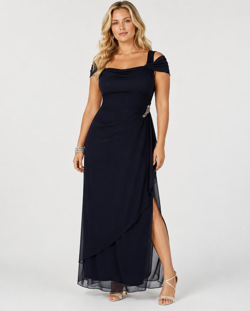 ALEX Evenings Navy Blue Dress Formal Gown Long Maxi Plus NEW